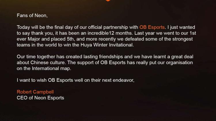 Neon Esports bryder op med OB Esports