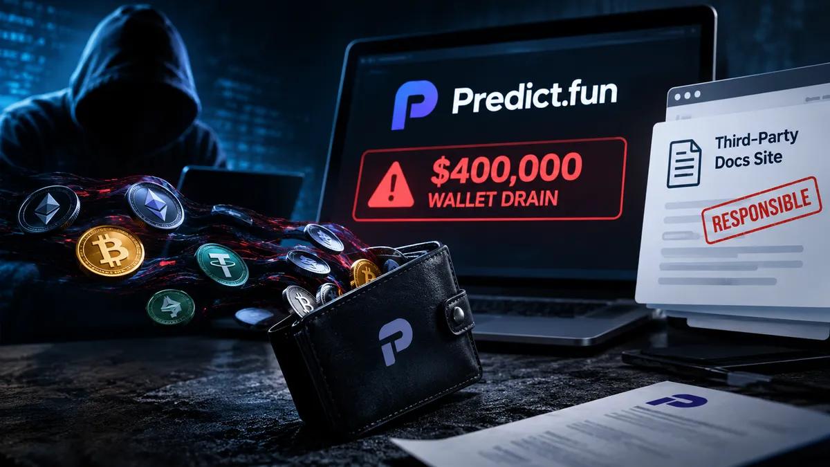 Predict.fun bekræfter et tab på 400.000 dollars i sin tegnebog og giver en tredjeparts dokumentationsside skylden