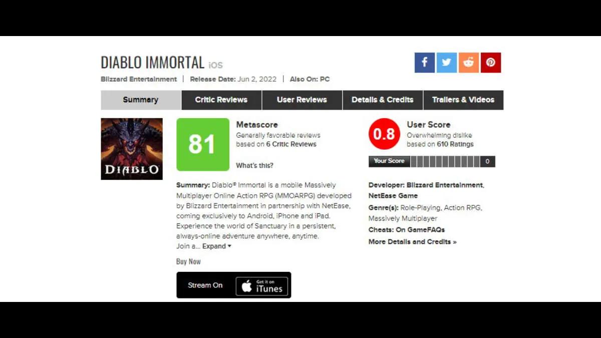 Diablo Immortal var i top 2 spil med den dårligste vurdering på Metacritic