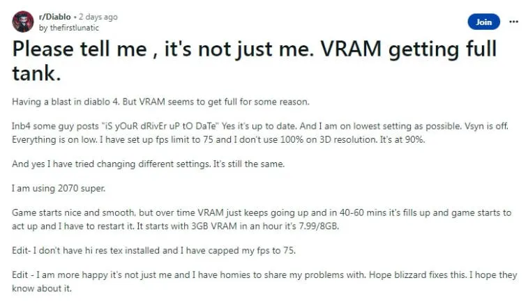 VRAM Issues Reported by Certain Diablo 4 Players. Photo 1